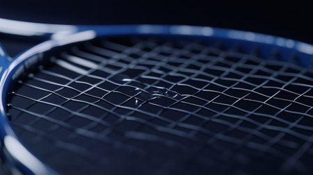 Macro photograph showcasing water droplets on the strings of a blue tennis racket, emphasizing the texture and detailsの素材
