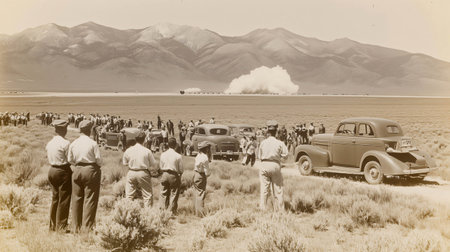 Vintage photo showcasing a crowd observing a rocket launch at the nevada test site amidst a desert landscapeの素材