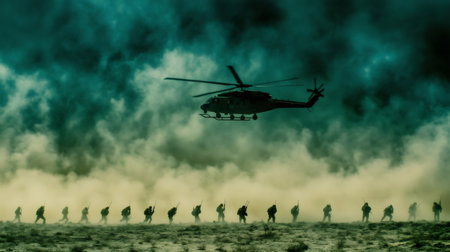 Military helicopter hovering over soldiers marching in the desert during a sandstormの素材