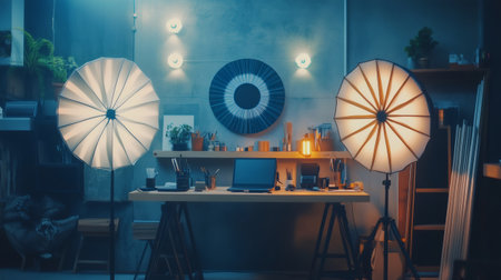 Modern photo studio with lighting equipment, laptop, and creative tools, ready for a photography sessionの素材