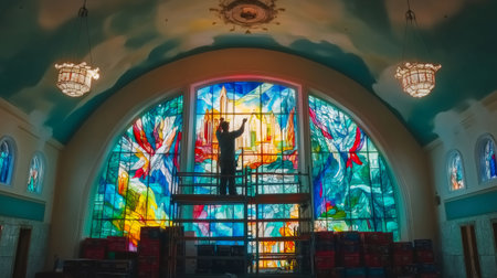 Glazier working on scaffolding restoring a colorful stained glass window inside a churchの素材