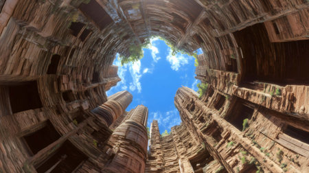 Fisheye view of crumbling ancient ruins reaching towards a blue sky, evoking mystery and the passage of timeの素材