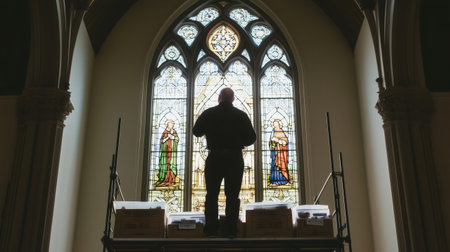 Glazier standing on scaffolding and restoring stained glass window in churchの素材