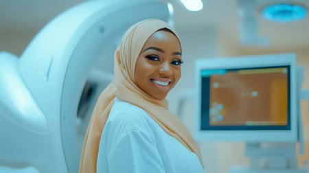 Smiling muslim doctor wearing hijab posing in hospital room with ct scannerの素材