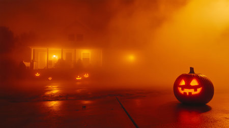Carved pumpkin glowing on a foggy night with a house in the backgroundの素材