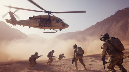 Soldiers running on desert terrain while exiting a military helicopter during a training exerciseの素材