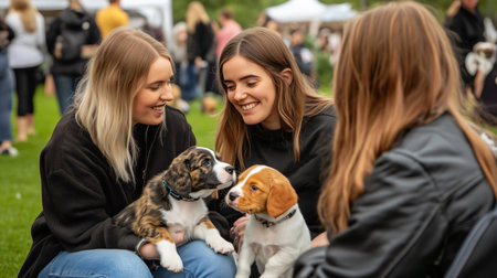 Three young women are smiling and looking at two adorable puppies sitting on their lapsの素材