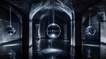 Three disco balls are hanging in a dark subterranean vaulted room partially filled with waterの素材
