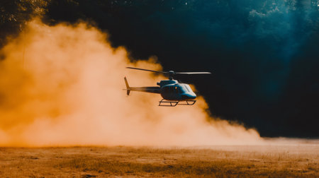 Helicopter flying low over a field creating a cloud of dustの素材
