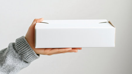 Woman wearing a grey sweater holding an empty white rectangular cardboard box on a light grey backgroundの素材