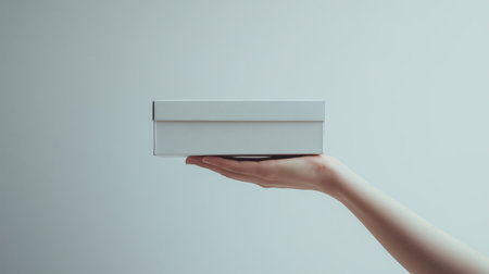 Woman hand holding an empty white box on a light backgroundの素材