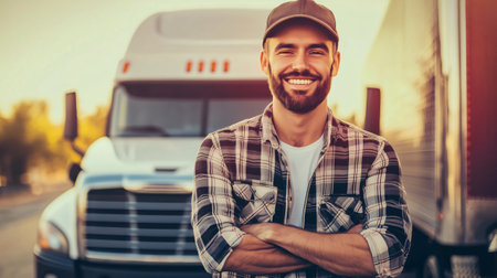 Portrait of a smiling trucker standing with arms crossed in front of his semi truckの素材