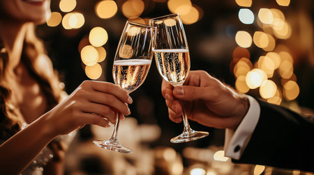 Couple enjoying a romantic celebration, toasting with champagne flutes against a backdrop of warm, festive lightsの素材