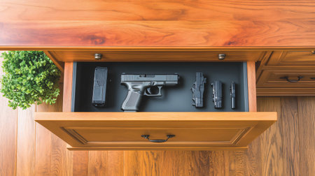 Handgun and ammunition being stored safely in a locked drawer, promoting responsible gun ownership and safetyの素材