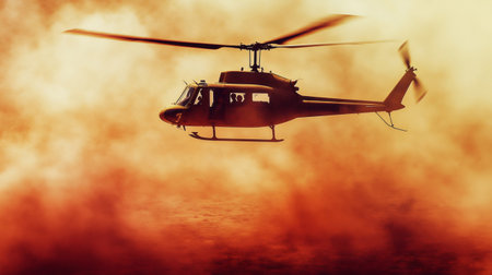 Military helicopter flying over battlefield during training exercise with dramatic orange clouds of smokeの素材