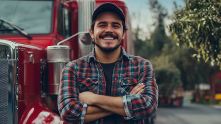 Portrait of a smiling trucker standing with crossed arms in front of his red semi truckの素材