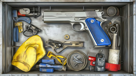 Gun and other tools placed inside a metal drawer, depicting gun safety and responsible ownershipの素材