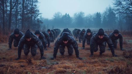Soldiers in camouflage uniforms performing a crawling exercise in a field during a military trainingの素材