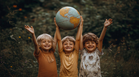 Three cheerful children lifting a globe, symbolizing environmental awareness, global citizenship, and the importance of protecting planet earthの素材