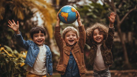Three cheerful children holding a globe and waving, symbolizing global unity and environmental awarenessの素材
