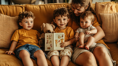 Mother and three young children enjoying quality time together, reading a book and bonding on a comfortable sofa in their living roomの素材