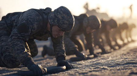 Group of soldiers in camouflage uniforms performing push ups during a military training exercise at sunriseの素材