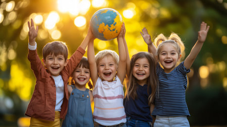 Five cheerful children holding a globe above their heads, waving, and smiling in a park at sunsetの素材