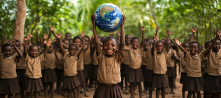 Group of cheerful african students celebrating earth day, holding globe and raising hands in a tropical forestの素材