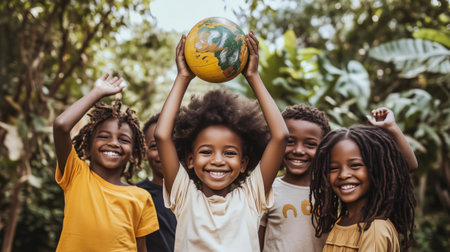 Group of cheerful african kids holding up a globe, promoting environmental awareness, sustainability, and global unityの素材