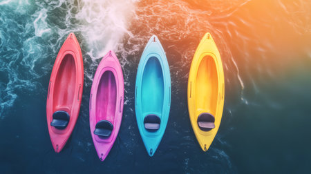 Four empty colorful kayaks floating on gently flowing river at sunset, aerial viewの素材
