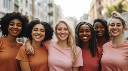 Group of diverse women are smiling and embracing on a city streetの素材