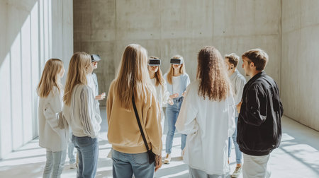Group of students using virtual reality glasses and experiencing new technologyの素材