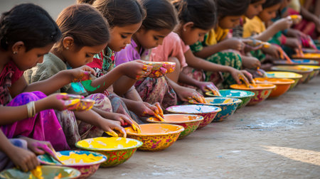 Group of young indian craftswomen decorating ceramic pots with bright colors in a pottery workshopの素材