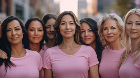 Diverse group of women is united, wearing pink shirts and standing togetherの素材