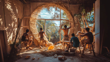 Group of Filipino carpenters working with wicker and straw, building a large circular piece of furniture in their workshopの素材