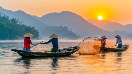 Vietnamese fishermen casting fishing net from traditional wooden boats during sunrise on a misty riverの素材