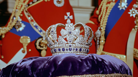 Close up view of the imperial state crown, showcasing its intricate design and dazzling jewelsの素材