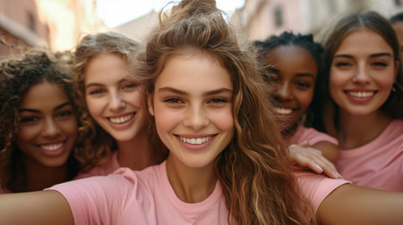 Group of diverse young women taking selfie wearing pink t shirtsの素材