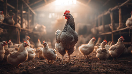 Gray hen standing on the ground in a coop with other chickens and chicks, during sunsetの素材