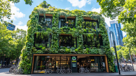 Lush green facade of a sustainable office building with a living roof, showcasing eco friendly architecture in an urban environmentの素材