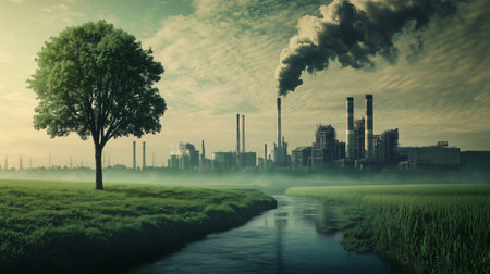 Lone tree is standing on a green field, while in the background an industrial factory is polluting the atmosphereの素材