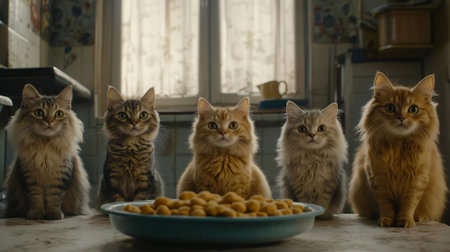 Five fluffy cats are sitting patiently on a kitchen table, eagerly awaiting their mealの素材