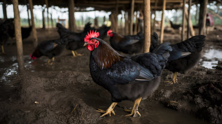 Black chickens standing in muddy ground in free range farmの素材