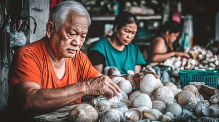 Elderly Filipino man working with seashells in a rural village in Philippines, with other artisans in the backgroundの素材