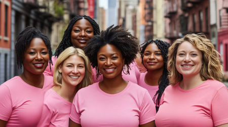 Group of diverse women wearing pink t shirts standing together outdoors in the city and smilingの素材