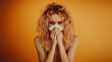 Studio shot of a sick person with curly blonde hair holding a tissue to her noseの素材