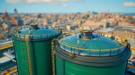 Futuristic bioenergy plant providing sustainable energy to a sprawling metropolisの素材