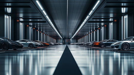 Row of modern cars is parked inside a futuristic garage with modern architectureの素材