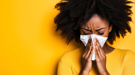 Studio portrait of a sick young African American woman blowing her nose with a tissue on a yellow backgroundの素材