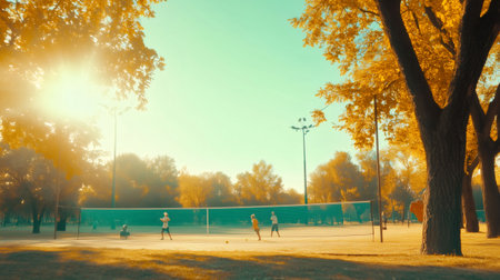 Friends playing badminton in park at sunset during golden hourの素材